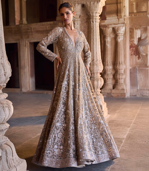 Golden Beige Organza Anarkali Set
